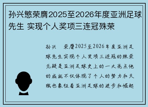 孙兴慜荣膺2025至2026年度亚洲足球先生 实现个人奖项三连冠殊荣